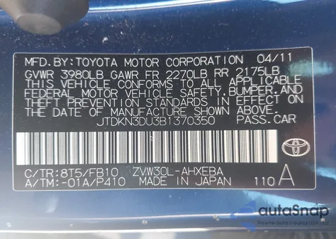 2011 Toyota Prius Two z USA, uszkodzony, nr VIN JTDKN3DU3B1370350
